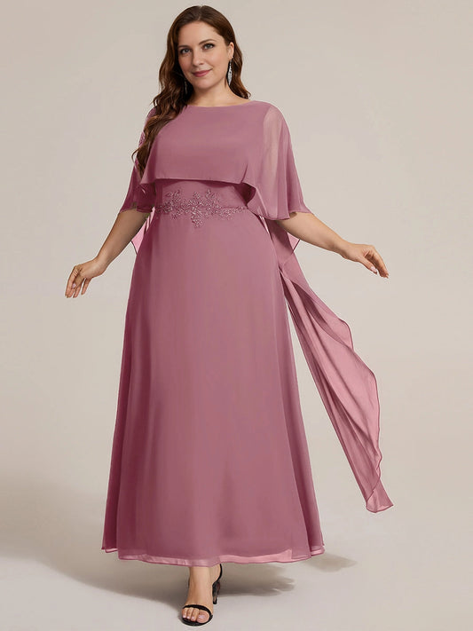 Dusty rose plus size mother of the bride dress with boat neckline and cape sleeves