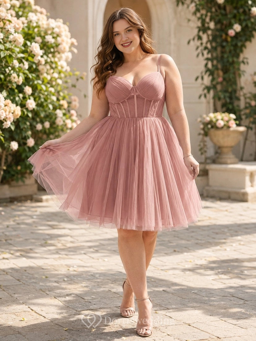 Dusty rose plus size sweetheart tulle homecoming dress with corset bodice and full skirt