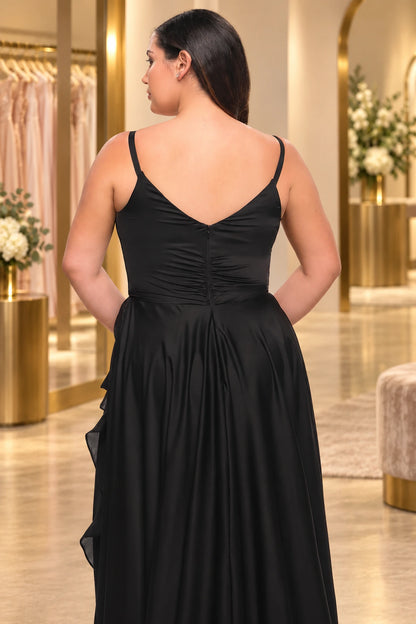 Plus Size Romantic Satin A-Line V-Neck Sleeveless V-Back Floor-Length Prom Dress