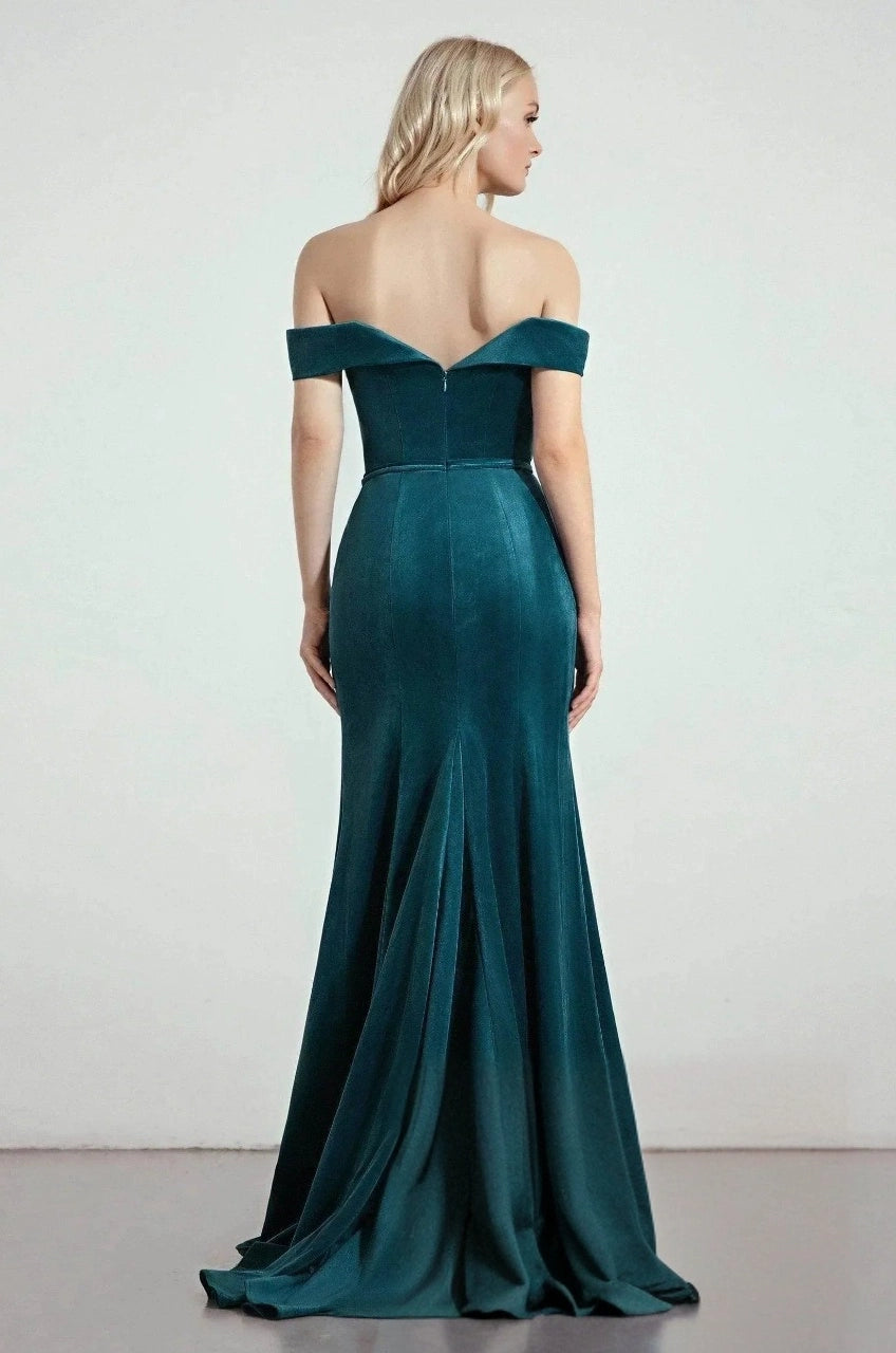 Back view of Roselledress teal bridesmaid dress with a folded off shoulder neckline, shallow V back, center zipper and trailing skirt.