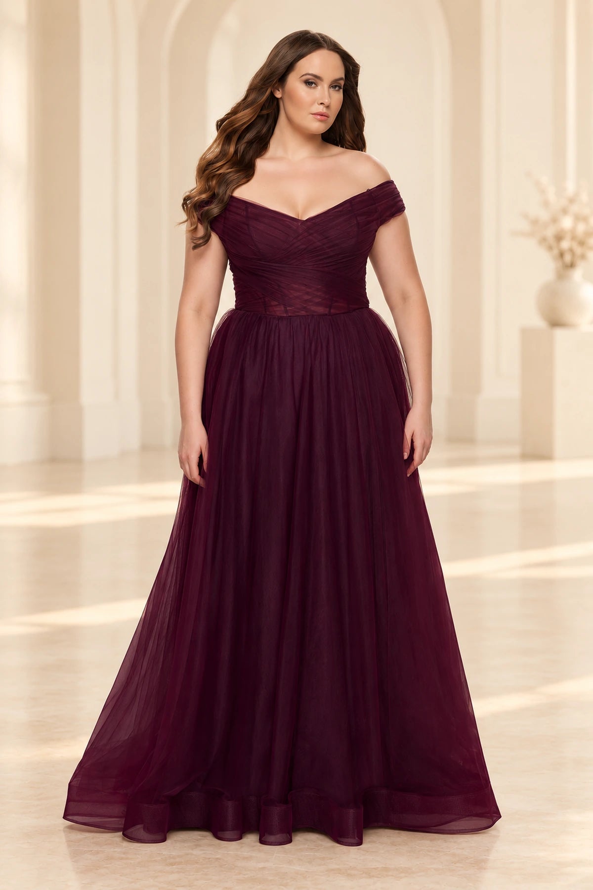 Plus Size Romantic Tulle A-Line V-Neck Cap-Sleeve Illusion-Back Floor-Length Prom Dress