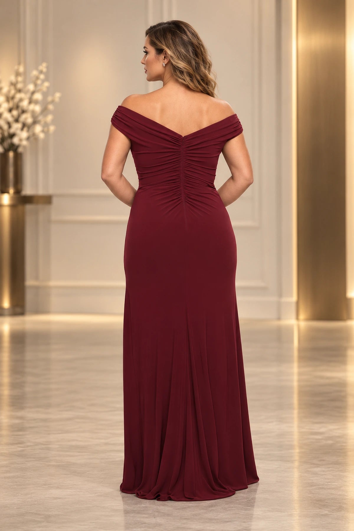 Elegant Jersey Sheath Off-Shoulder Short-Sleeve Ruched-Back Floor-Length Wedding Guest Dress