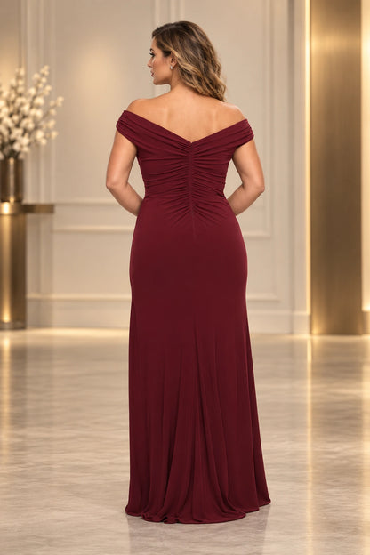 Elegant Jersey Sheath Off-Shoulder Short-Sleeve Ruched-Back Floor-Length Wedding Guest Dress