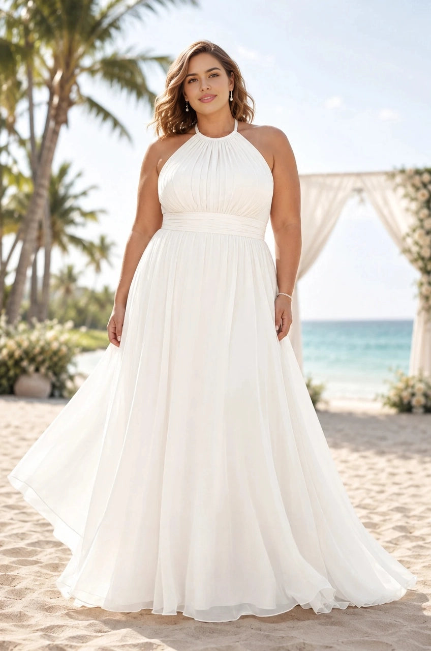 Ivory plus size A-line wedding dress with a pleated halter neckline, sleeveless bodice and flowing floor-length skirt.