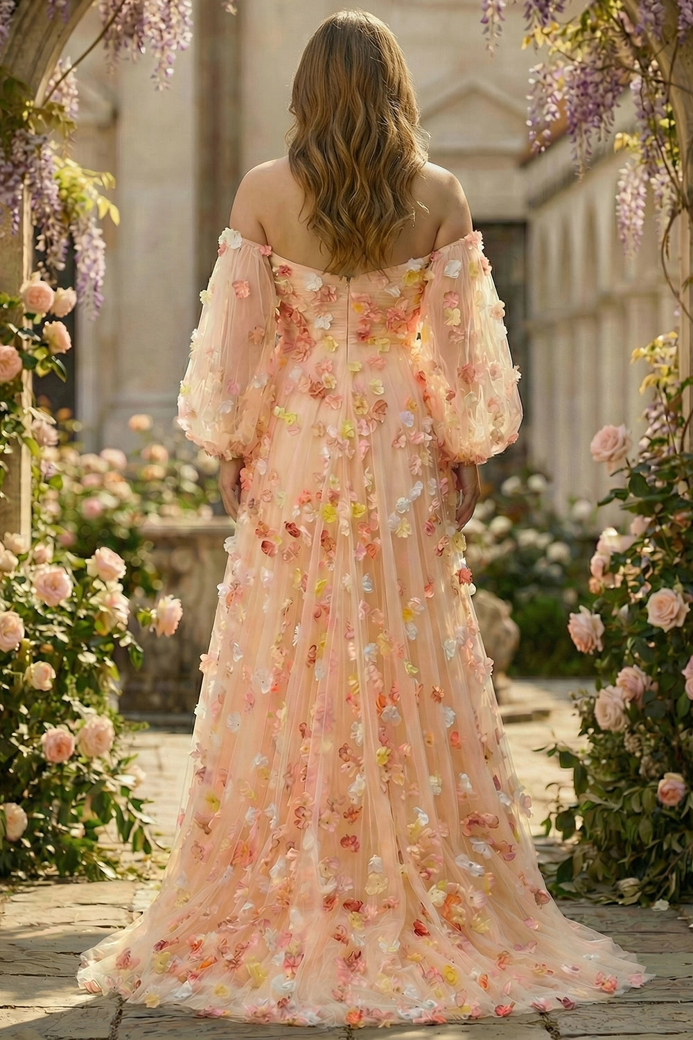 Peach floral wedding guest dress with off-shoulder back, balloon sleeves and center-back zipper