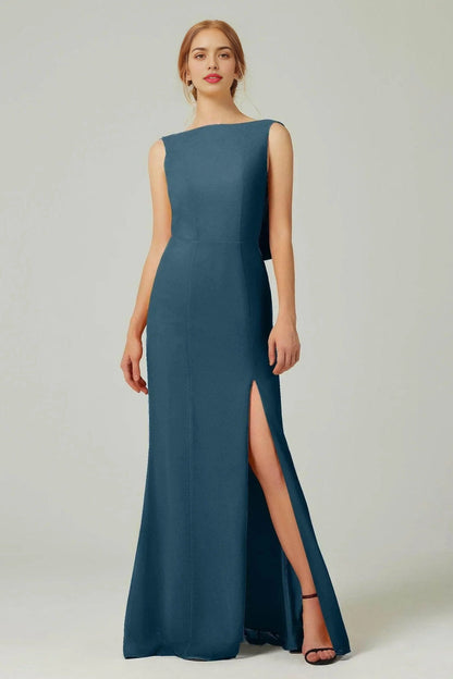 Plus Size Elegant Sheath Bateau Sleeveless Cowl Back Floor Length Bridesmaid Dress
