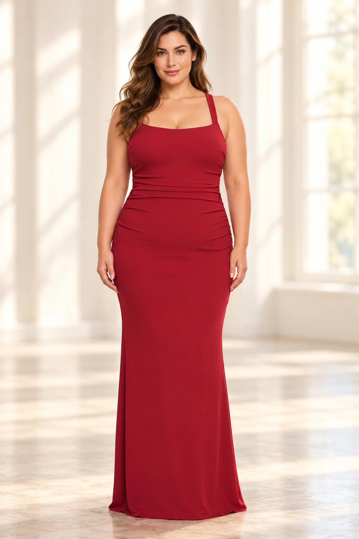 Elegant Jersey Mermaid Square-Neck Sleeveless Crisscross-Back Floor-Length Plus Size Wedding Guest Dress