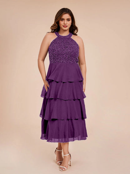 Roselledress plus size purple a‑line halter sequin tiered chiffon midi wedding guest dress with pockets
