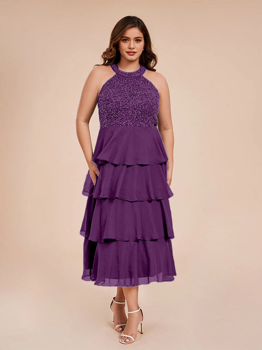Roselledress plus size purple a‑line halter sequin tiered chiffon midi wedding guest dress with pockets