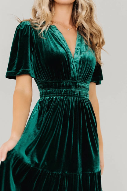 Emerald A‑Line V‑Neck Short‑Sleeve Smocked‑Back Floor‑Length Mother Of Bride Dress