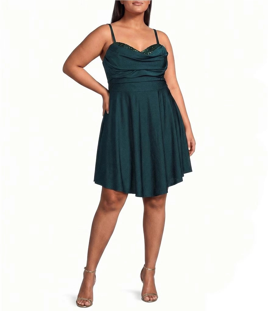 Emerald green plus size cowl neck homecoming dress with beaded bustline and flowy A-line skirt