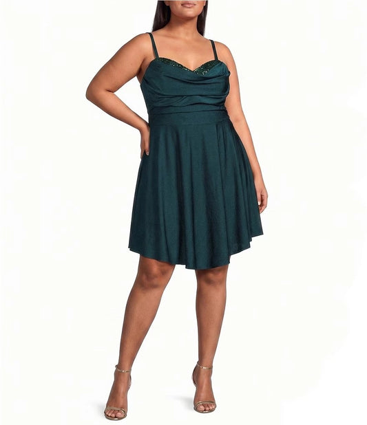 Emerald green plus size cowl neck homecoming dress with beaded bustline and flowy A-line skirt