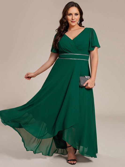 Emerald green plus size mother of the bride dress with V-neck and flutter sleeves