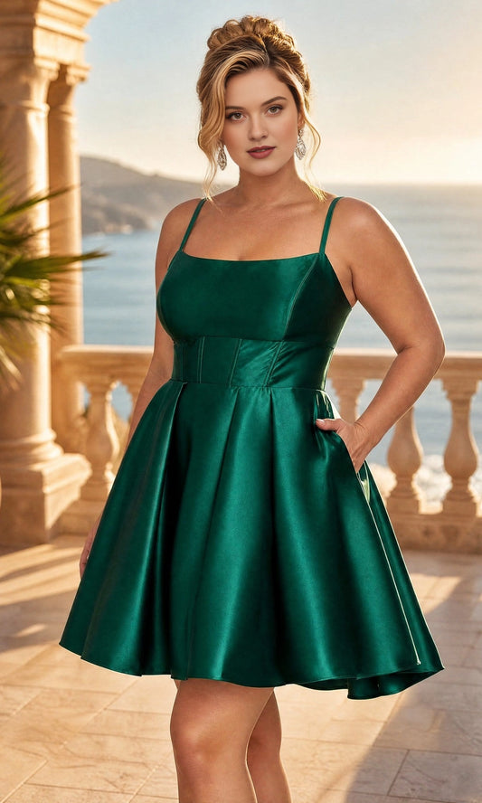 Emerald green plus size satin homecoming dress with square neckline, corset bodice and side pockets