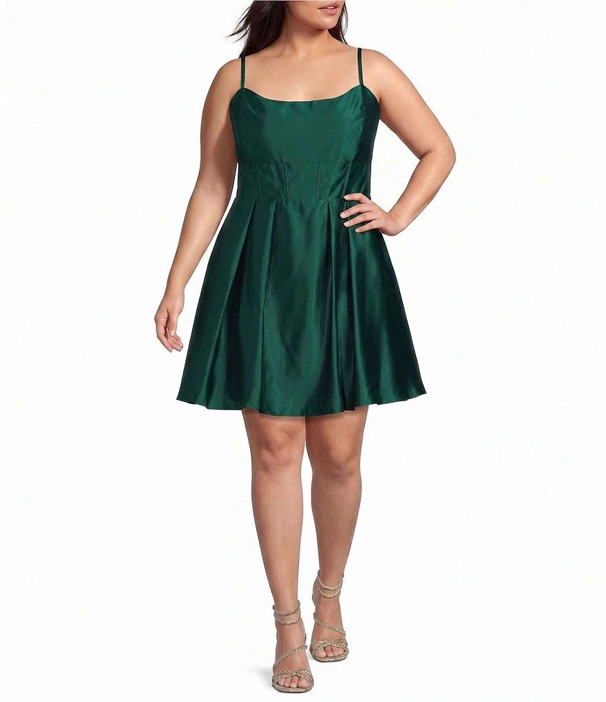 Emerald green plus size square neck satin homecoming dress with corset bodice and A-line skirt