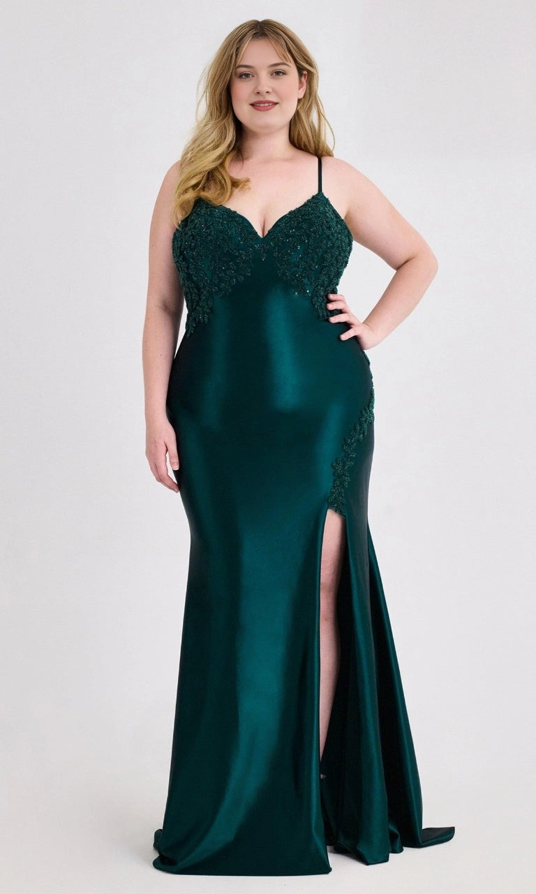 Emerald green plus size V-neck satin mermaid evening dress with beaded lace bodice and high slit
