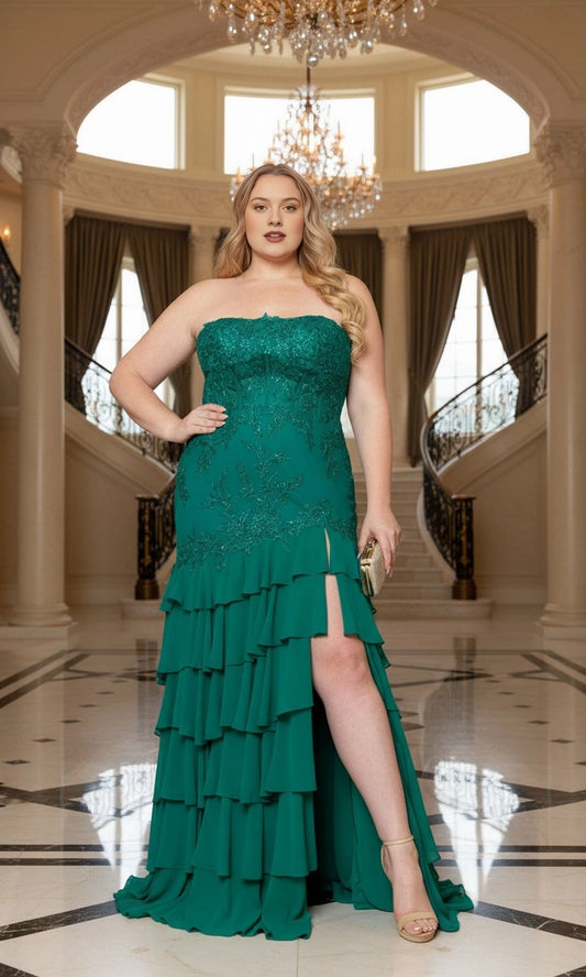 Emerald green plus size strapless mermaid evening dress with lace bodice, tiered ruffle skirt and high slit
