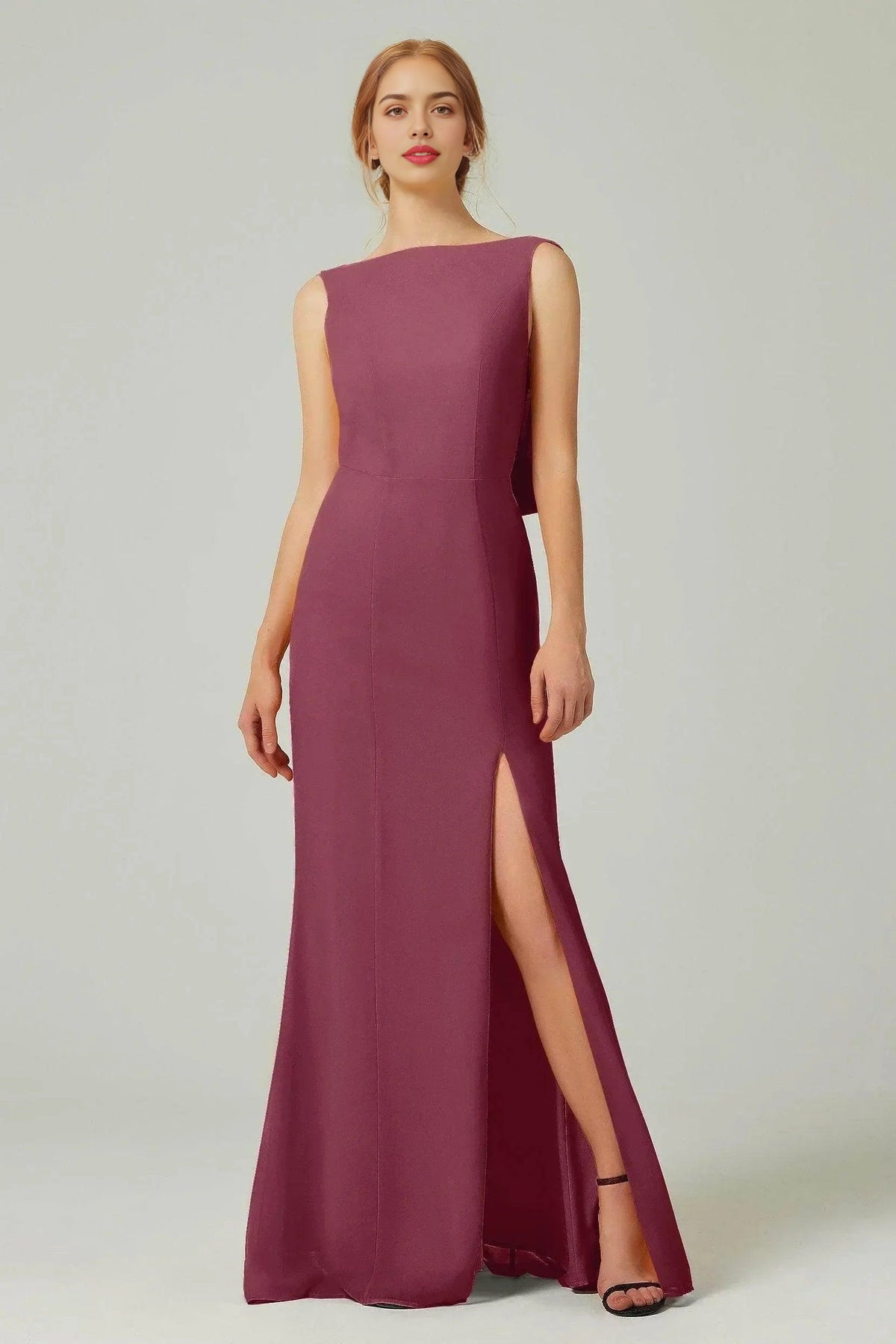 Plus Size Elegant Sheath Bateau Sleeveless Cowl Back Floor Length Bridesmaid Dress