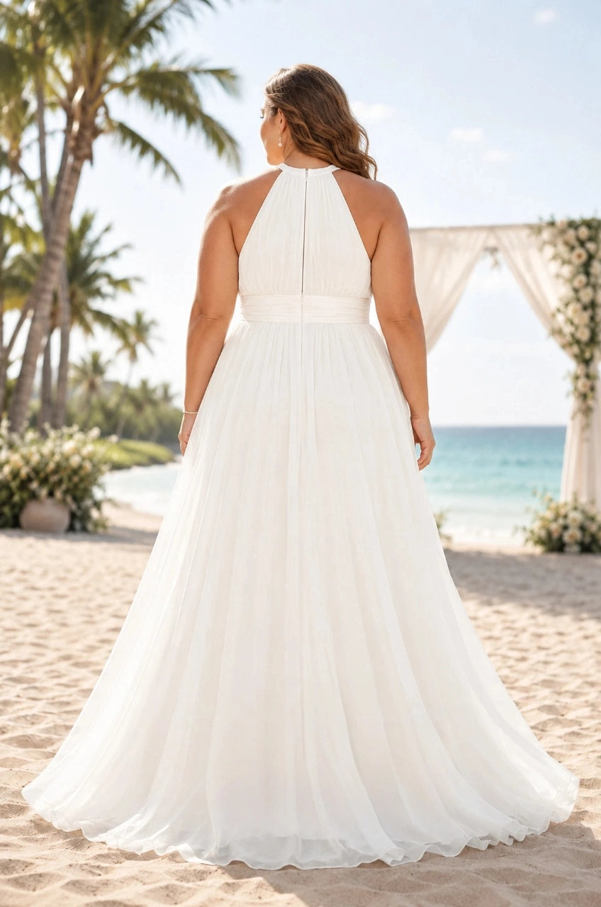 Back view of an ivory plus size halter wedding dress with a high back, center zipper and flowing A-line skirt.