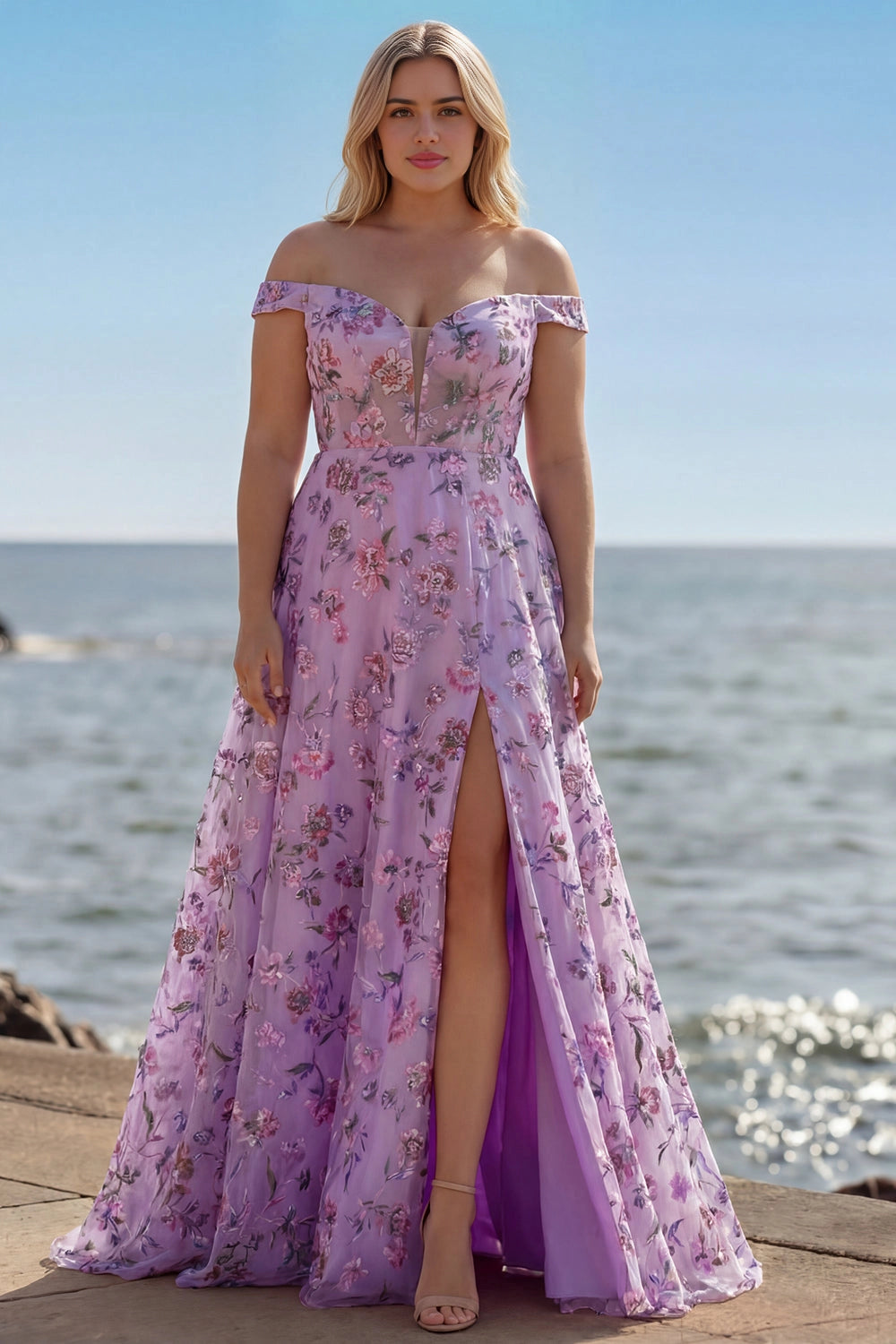 Lavender floral wedding guest dress with off-shoulder neckline, short sleeves, front slit and A-line skirt