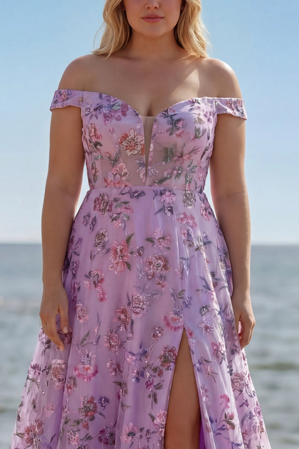 Romantic Plus Size Floral A-Line Off-Shoulder Short Sleeve Lace-Up Back Long Wedding Guest Dress