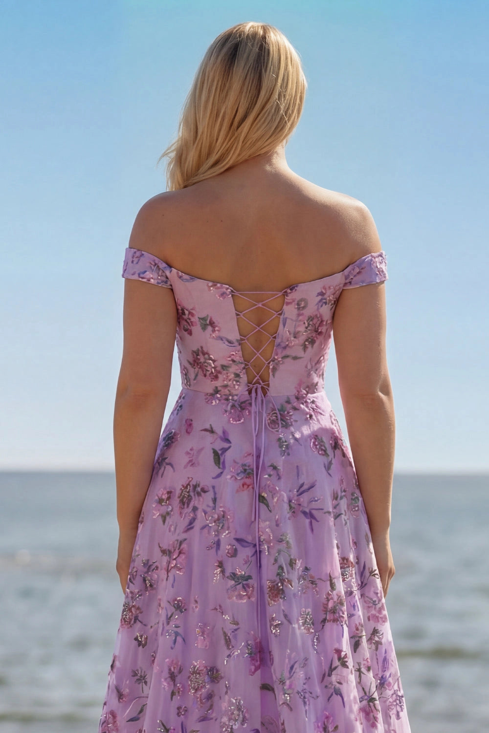 Romantic Plus Size Floral A-Line Off-Shoulder Short Sleeve Lace-Up Back Long Wedding Guest Dress