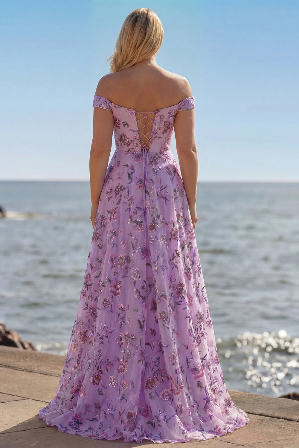 Floral wedding guest dress with off-shoulder neckline, lace-up corset back and floor-length A-line skirt