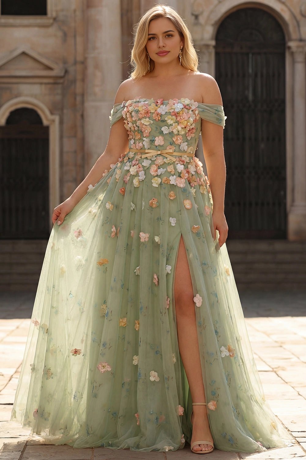 Plus size floral wedding guest dress with off-shoulder neckline, tulle sleeves, front slit and A-line skirt
