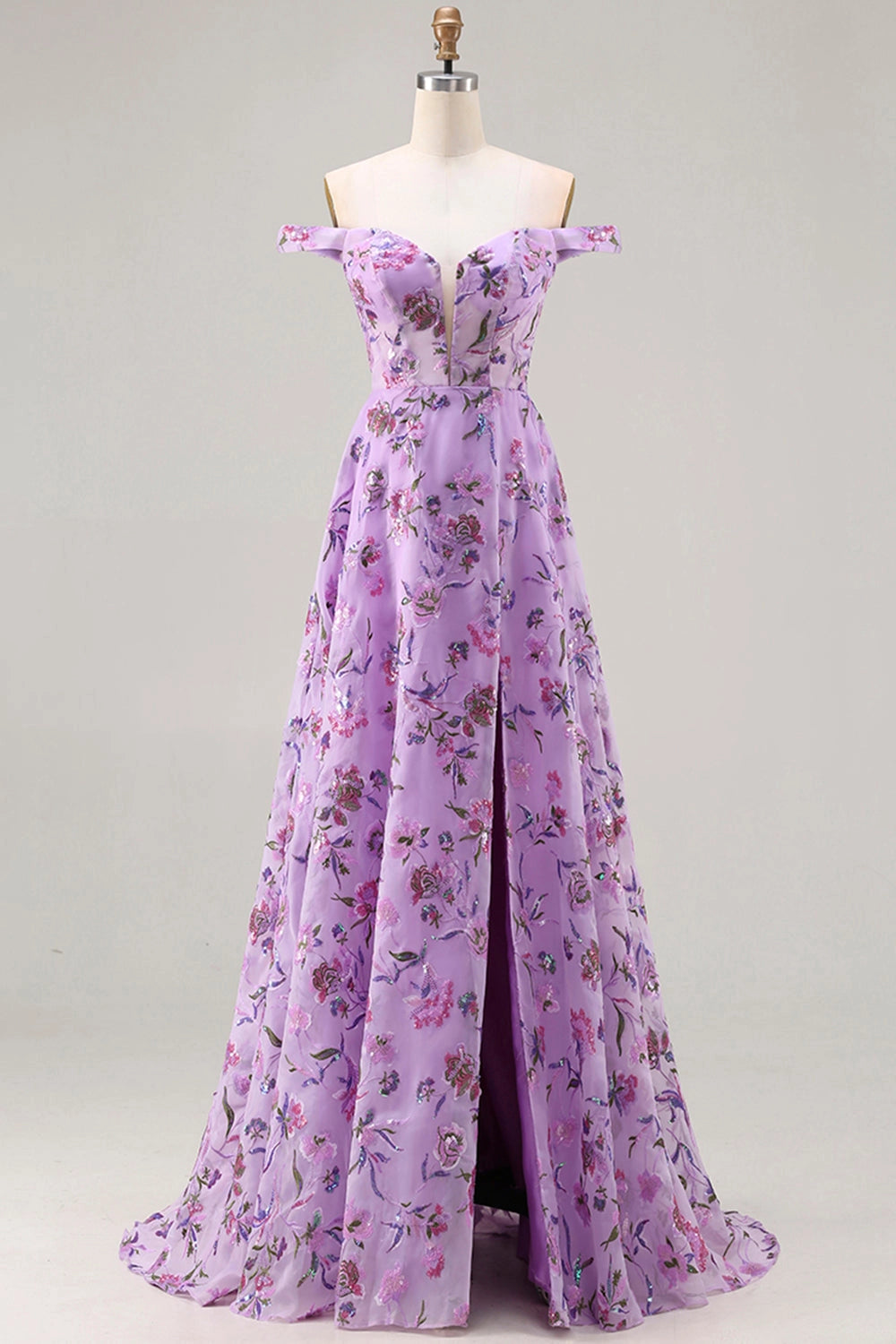 Romantic Plus Size Floral A-Line Off-Shoulder Short Sleeve Lace-Up Back Long Wedding Guest Dress