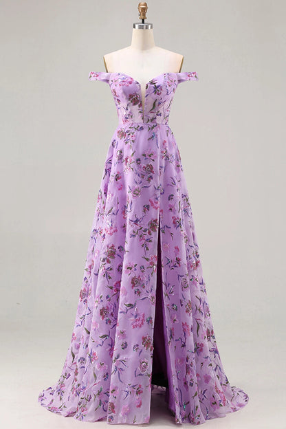 Romantic Plus Size Floral A-Line Off-Shoulder Short Sleeve Lace-Up Back Long Wedding Guest Dress