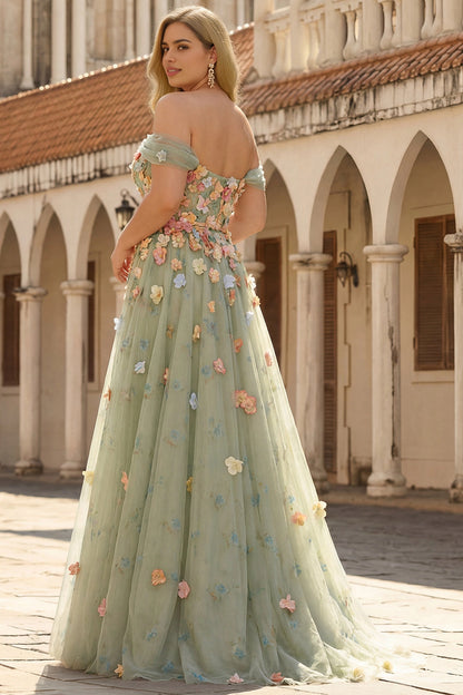 Plus size floral wedding guest dress with off-shoulder open back, lace-up closure and flowing A-line skirt