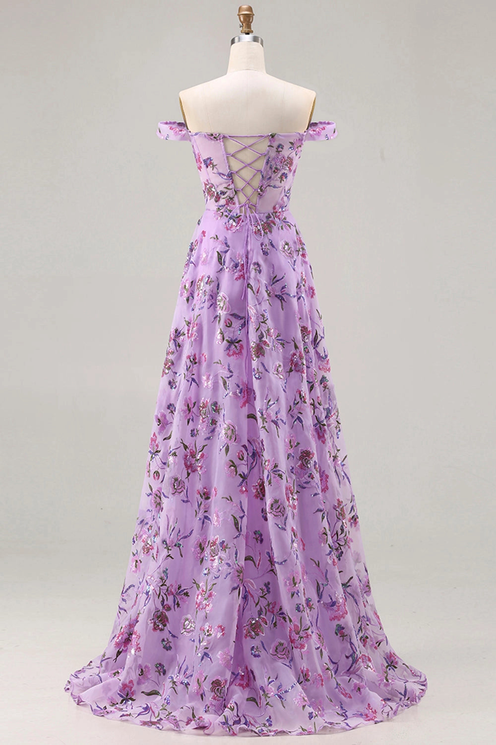 Romantic Plus Size Floral A-Line Off-Shoulder Short Sleeve Lace-Up Back Long Wedding Guest Dress