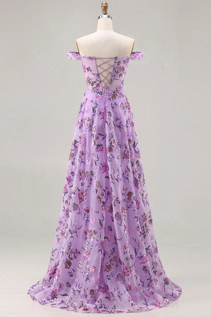 Romantic Plus Size Floral A-Line Off-Shoulder Short Sleeve Lace-Up Back Long Wedding Guest Dress