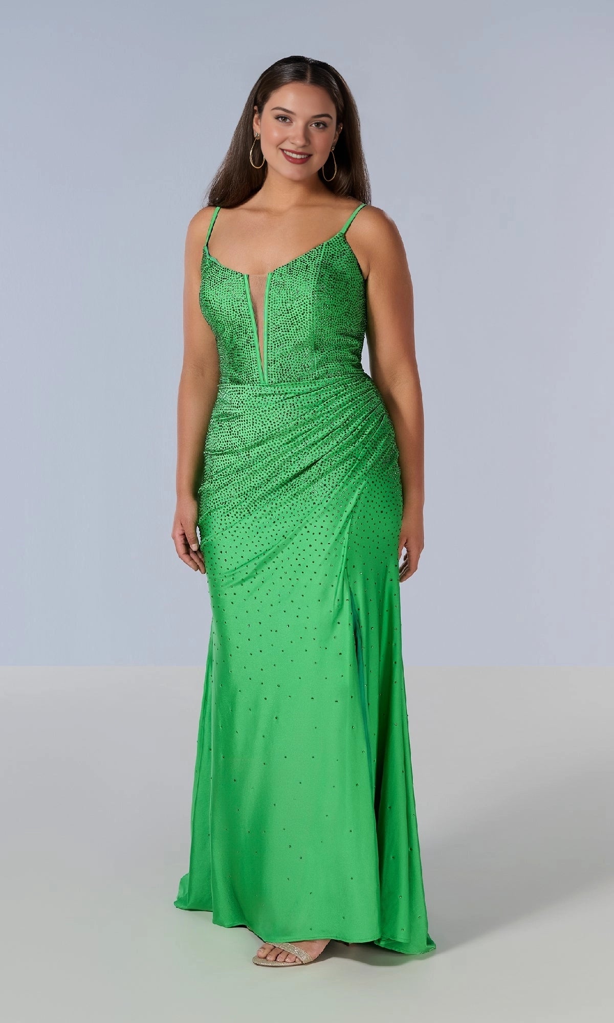 Green plus size sweetheart stone-embellished mermaid evening dress with mesh plunge and high slit
