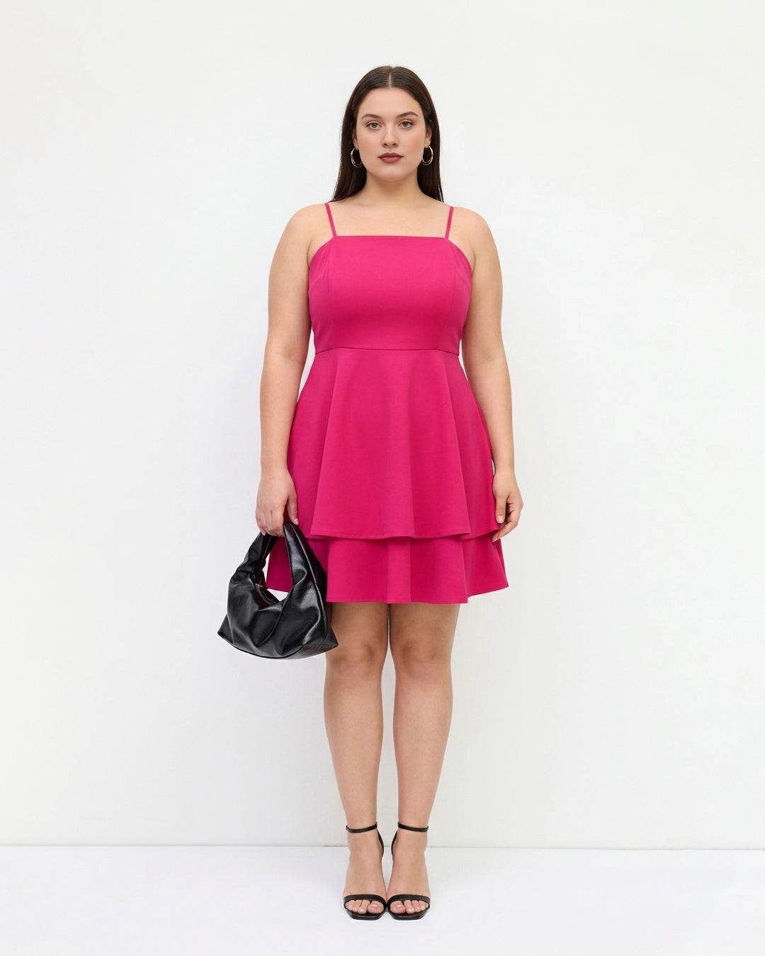 Hot pink plus size square neck homecoming dress with double-tier ruffle skirt and pockets
