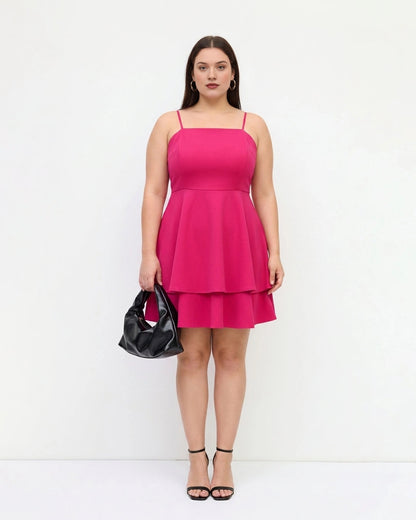 Hot pink plus size square neck homecoming dress with double-tier ruffle skirt and pockets
