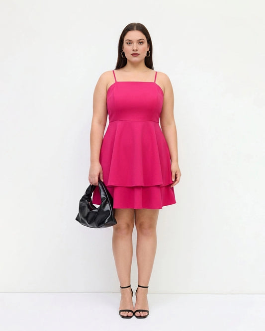 Hot pink plus size square neck homecoming dress with double-tier ruffle skirt and pockets
