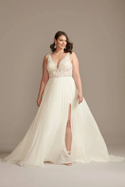 Ivory plus size A-line wedding dress with floral lace bodice, illusion plunging V-neckline, sleeveless design, flowing skirt and front slit