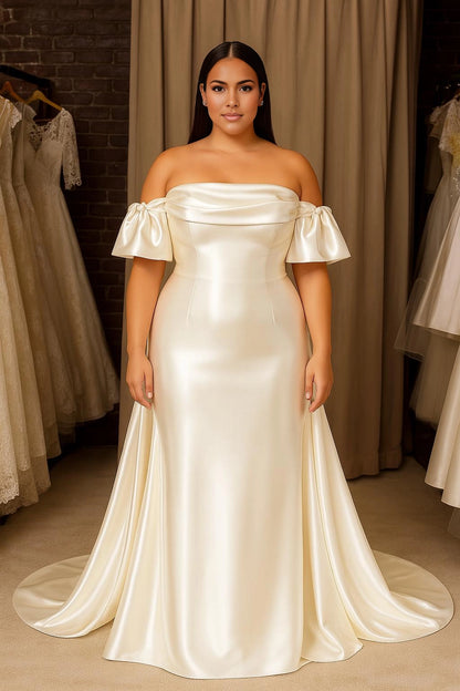 Ivory plus size mermaid wedding dress with draped straight neckline, off-shoulder flutter sleeves, fitted satin-look bodice and flared skirt