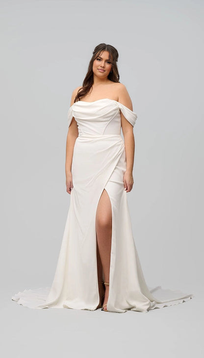 Ivory plus size mermaid wedding dress with draped sweetheart neckline, off-shoulder sleeves, ruched bodice and thigh-high front slit