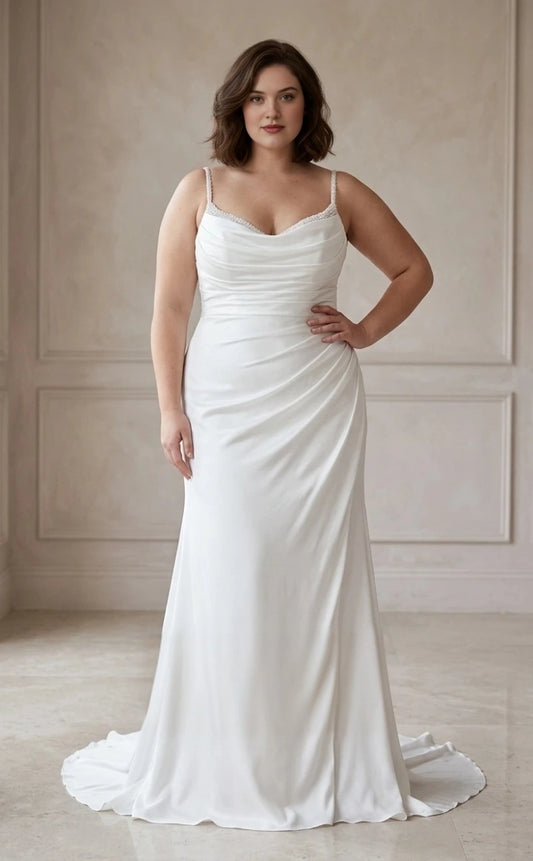 Ivory plus size sheath wedding dress with draped cowl neckline, spaghetti straps, ruched waist and flowing floor-length skirt