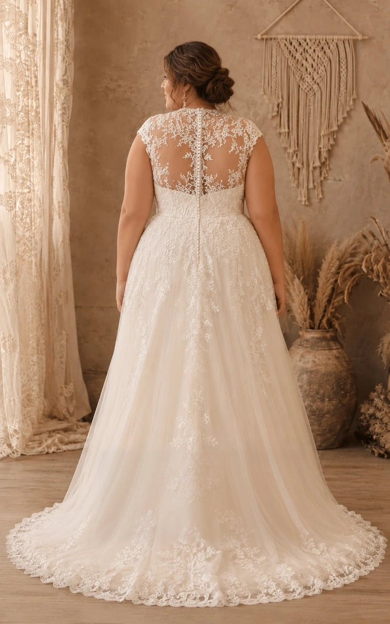 Ivory plus size wedding dress with sheer floral lace button back, delicate cap sleeves and flowing A-line tulle train