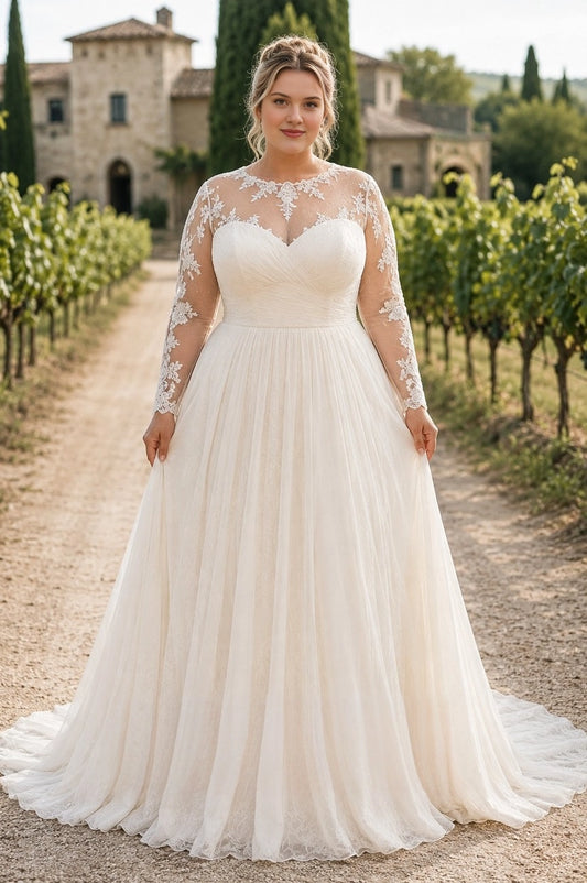 Ivory plus size A-line wedding dress with illusion bateau neckline, sweetheart bodice, floral lace long sleeves and flowing tulle skirt