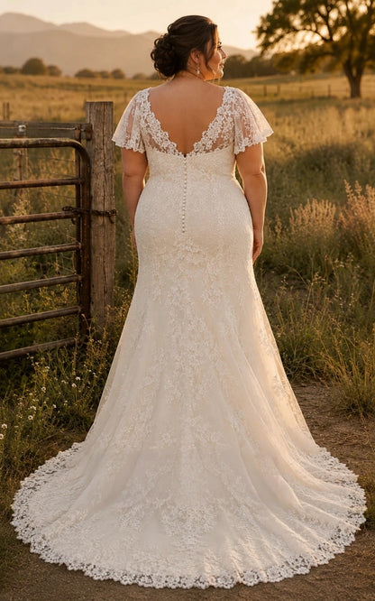 Ivory plus size mermaid wedding dress with sheer lace V-back, pearl-style buttons, floral embroidery and flowing lace train