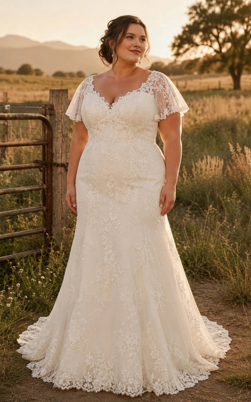 Ivory plus size mermaid wedding dress with sweetheart V-neck, floral lace flutter sleeves, fitted bodice and lace-trimmed skirt