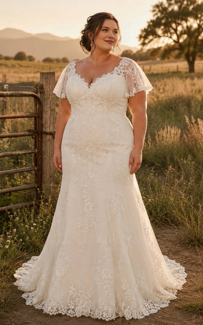 Ivory plus size mermaid wedding dress with sweetheart V-neck, floral lace flutter sleeves, fitted bodice and lace-trimmed skirt