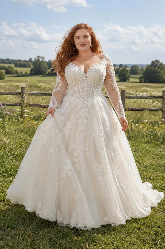 Ivory plus size A-line wedding dress with sweetheart neckline, sheer floral lace long sleeves, corset bodice and flowing tulle skirt