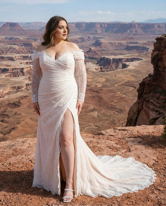 Ivory plus size fit and flare wedding dress with sweetheart neckline, off-shoulder lace long sleeves, ruched bodice and front slit