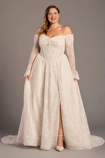 Ivory plus size A-line wedding dress with sweetheart neckline, off-shoulder lace long sleeves, pearl-style draping and front slit