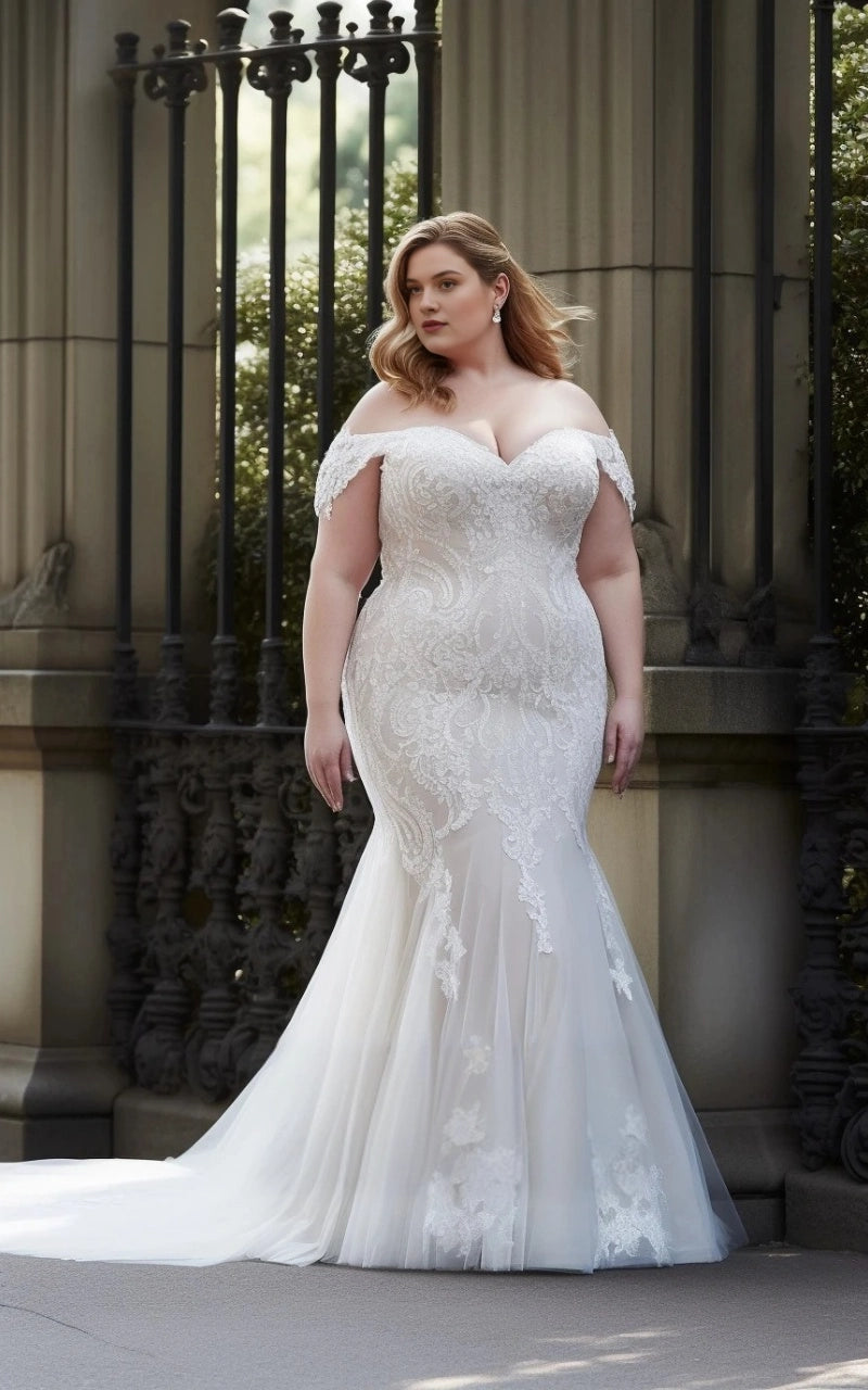 Ivory plus size mermaid wedding dress with sweetheart neckline, off-shoulder lace sleeves, fitted floral lace bodice and flowing tulle skirt